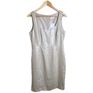 NWT Calvin Klein Linen Shimmery Metallic Sheath Dress Cream Gold Size 10